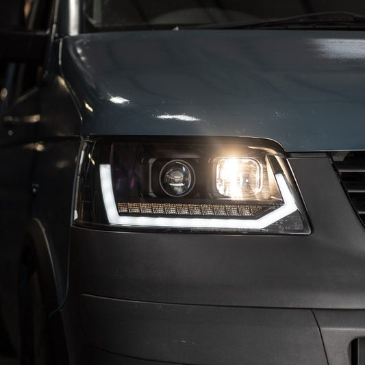 VW Transporter T5 (2003-09) – Headlights – Sequential Indicator – V2 – LED DRL – RHD – Black