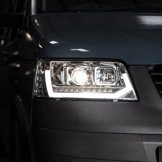 VW Transporter T5 (2003-09) – Headlights – Sequential Indicator – V2 – LED DRL – RHD – Chrome