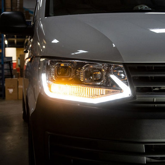 VW Transporter T6 – V1 Headlights – LED DRL – RHD – Black & Chrome