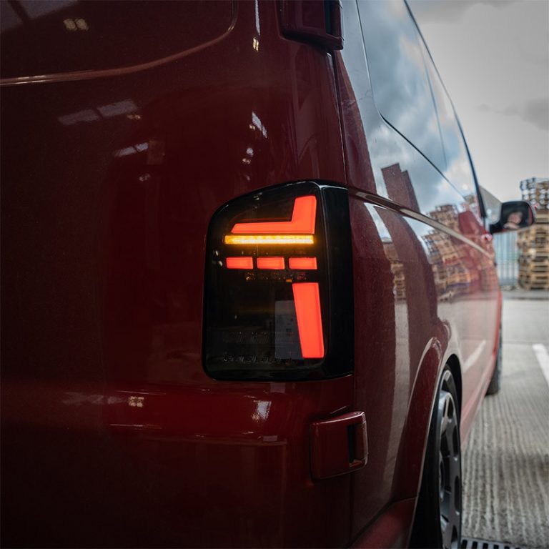 VW Transporter T6 – Rear Lights – Sequential Indicator – LED – RHD – Barn Door – Black Smoke (T6.1 Style)