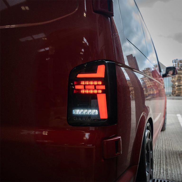 VW Transporter T6 – Rear Lights – Sequential Indicator – LED – RHD – Barn Door – Black Smoke (T6.1 Style)