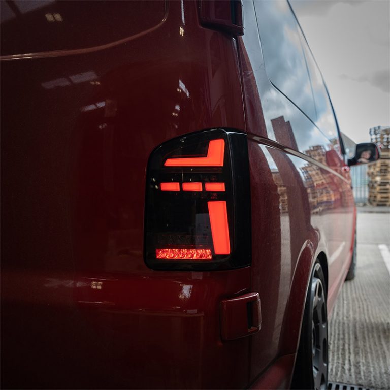 VW Transporter T6 – Rear Lights – Sequential Indicator – LED – RHD – Barn Door – Black Smoke (T6.1 Style)