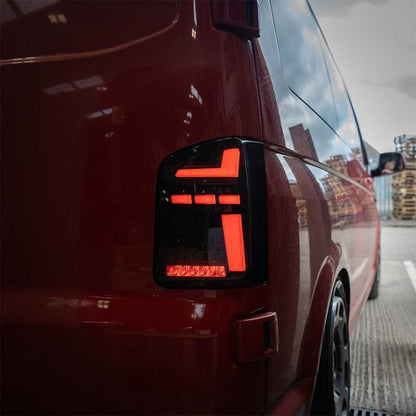 VW Transporter T6 – Rear Lights – Sequential Indicator – LED – RHD – Barn Door – Black Smoke (T6.1 Style)