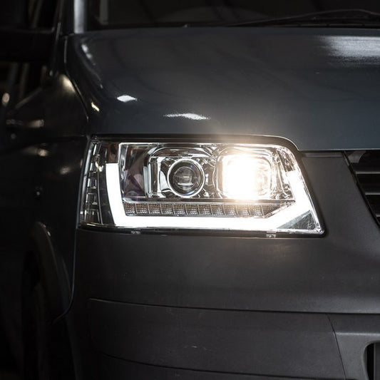 VW Transporter T5 (2003-09) – Headlights – Sequential Indicator – V2 – LED DRL – RHD – Chrome