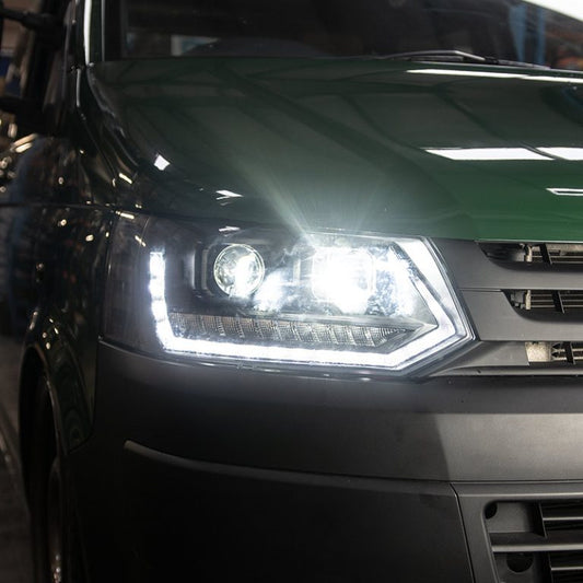 VW Transporter T5.1 (2010-15) – Headlights – Sequential Indicator – V2 – LED DRL – RHD – Black