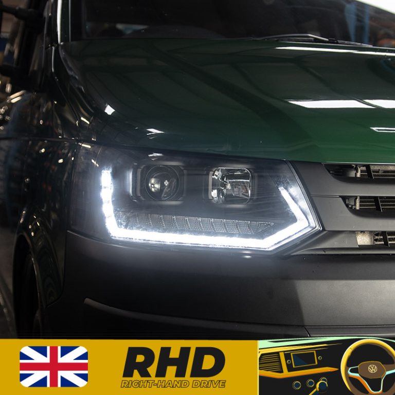 VW Transporter T5.1 (2010-15) – Headlights – Sequential Indicator – V2 – LED DRL – RHD – Black