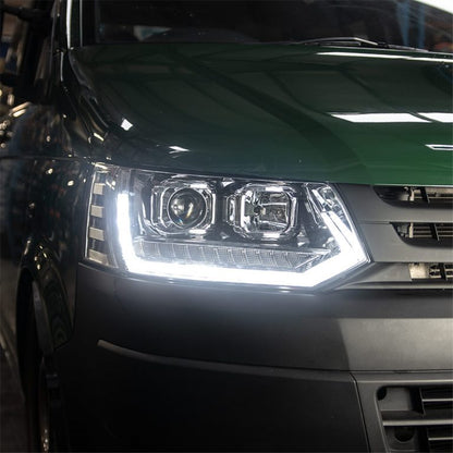 VW Transporter T5.1 (2010-15) – Headlights – Sequential Indicator – V2 – LED DRL – RHD – Chrome
