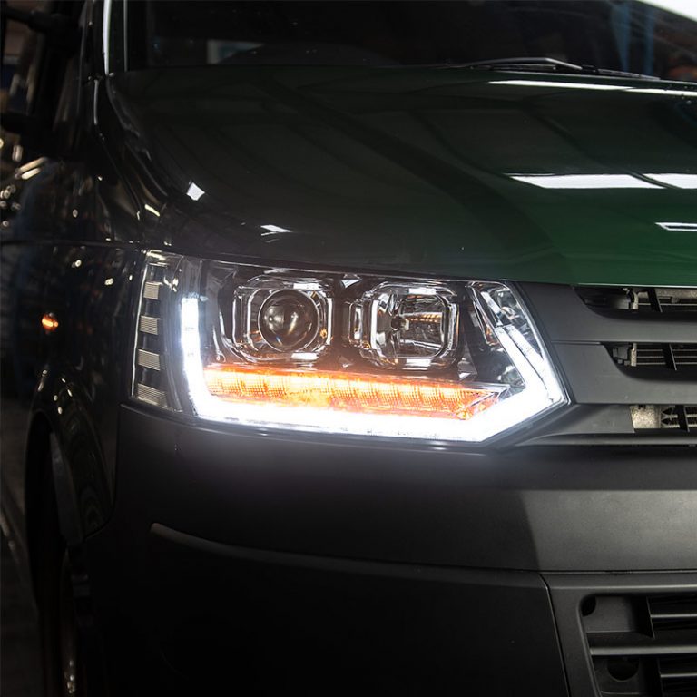 VW Transporter T5.1 (2010-15) – Headlights – Sequential Indicator – V2 – LED DRL – RHD – Chrome
