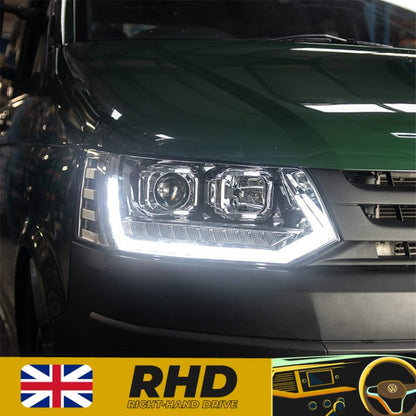 VW Transporter T5.1 (2010-15) – Headlights – Sequential Indicator – V2 – LED DRL – RHD – Chrome