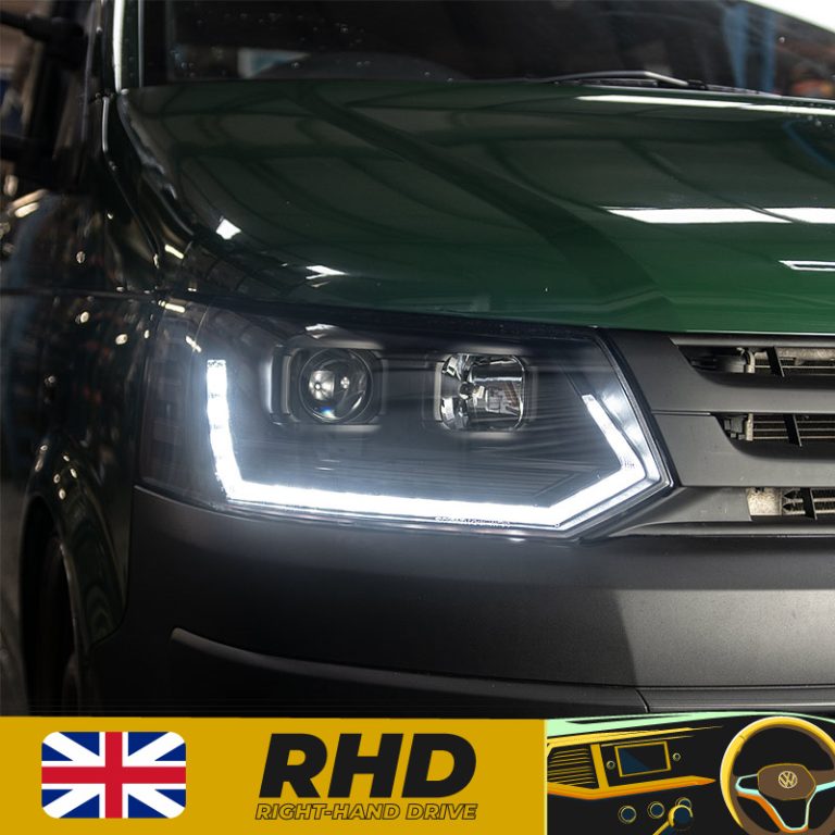 VW Transporter T5.1 (2010-15) – Headlights – Sequential Indicator – V3 – LED DRL – RHD – Black