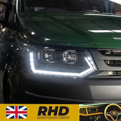 VW Transporter T5.1 (2010-15) – Headlights – Sequential Indicator – V3 – LED DRL – RHD – Black