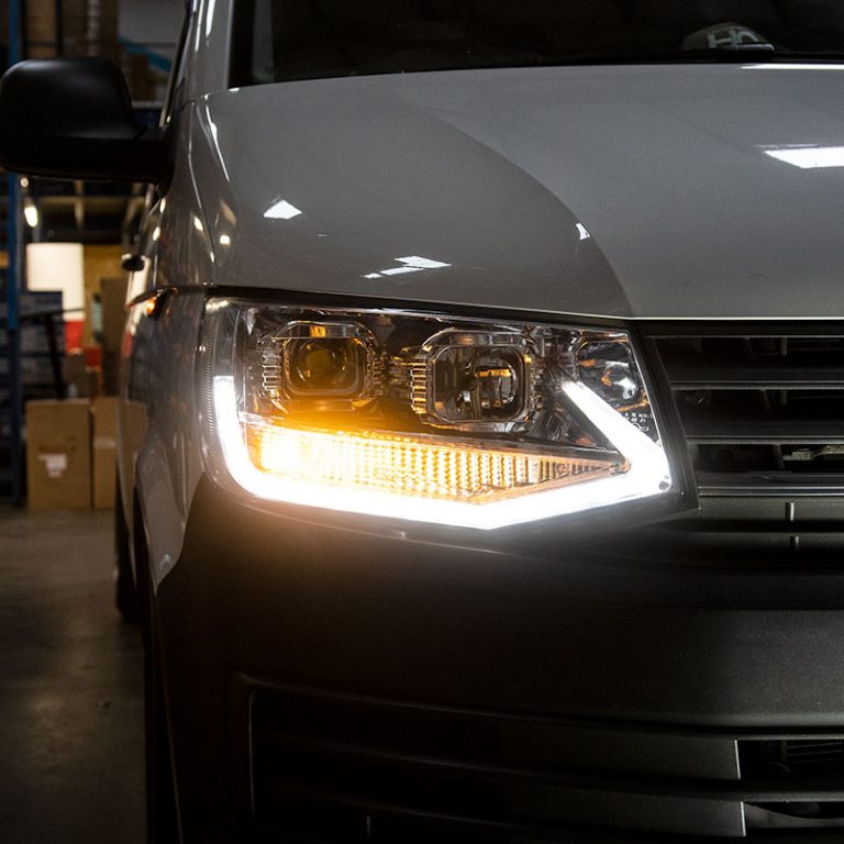 VW Transporter T6 – V1 Headlights – LED DRL – RHD – Black & Chrome