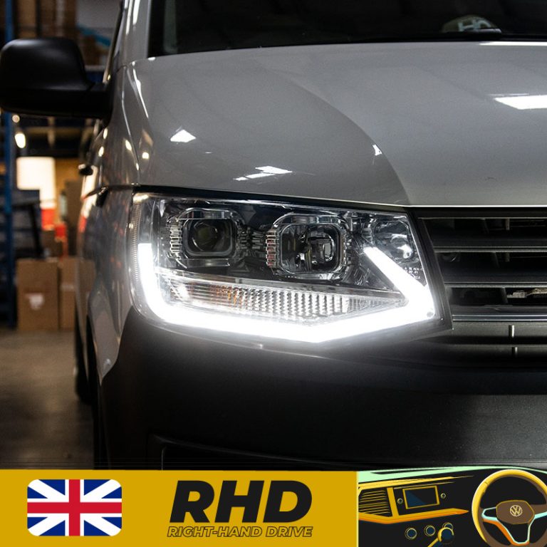 VW Transporter T6 – V1 Headlights – LED DRL – RHD – Black & Chrome