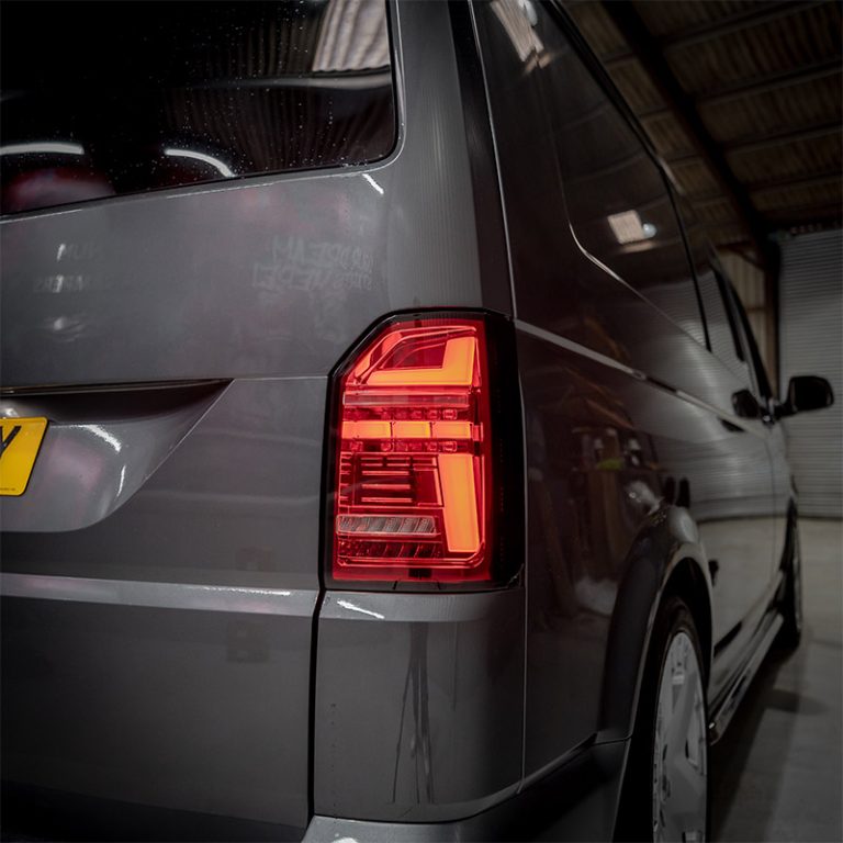 VW Transporter T6 – Rear Lights – Sequential Indicator – LED – RHD – Tailgate – Red Clear (T6.1 Style)