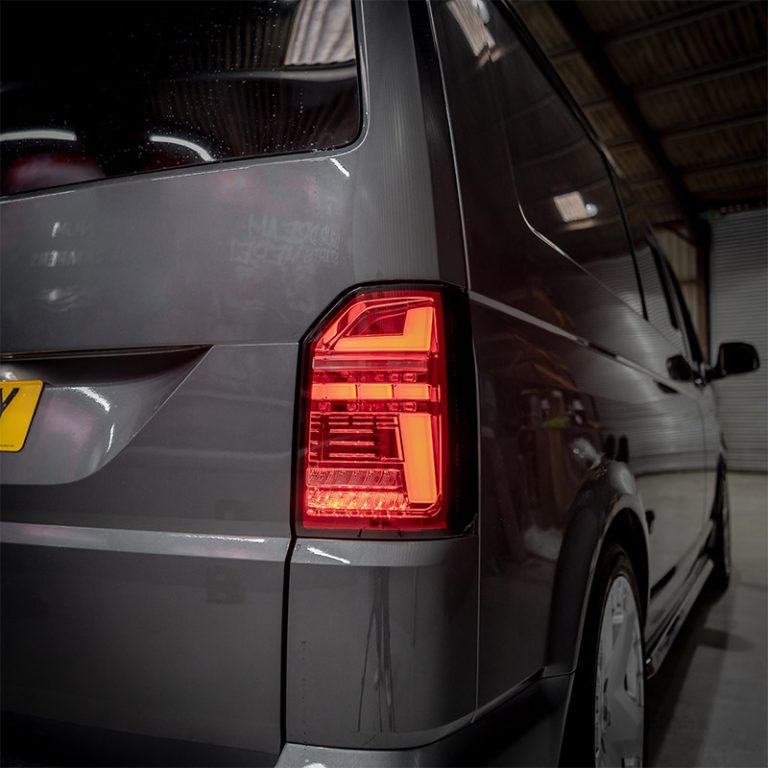 VW Transporter T6 – Rear Lights – Sequential Indicator – LED – RHD – Tailgate – Red Clear (T6.1 Style)