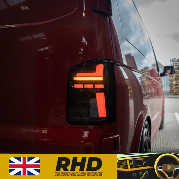 VW Transporter T6.1 – Rear Lights – Sequential Indicator – LED – RHD – Barn Door – Black Smoke