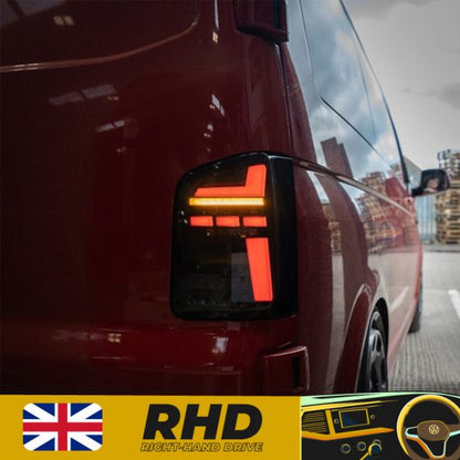 VW Transporter T6.1 – Rear Lights – Sequential Indicator – LED – RHD – Barn Door – Black Smoke
