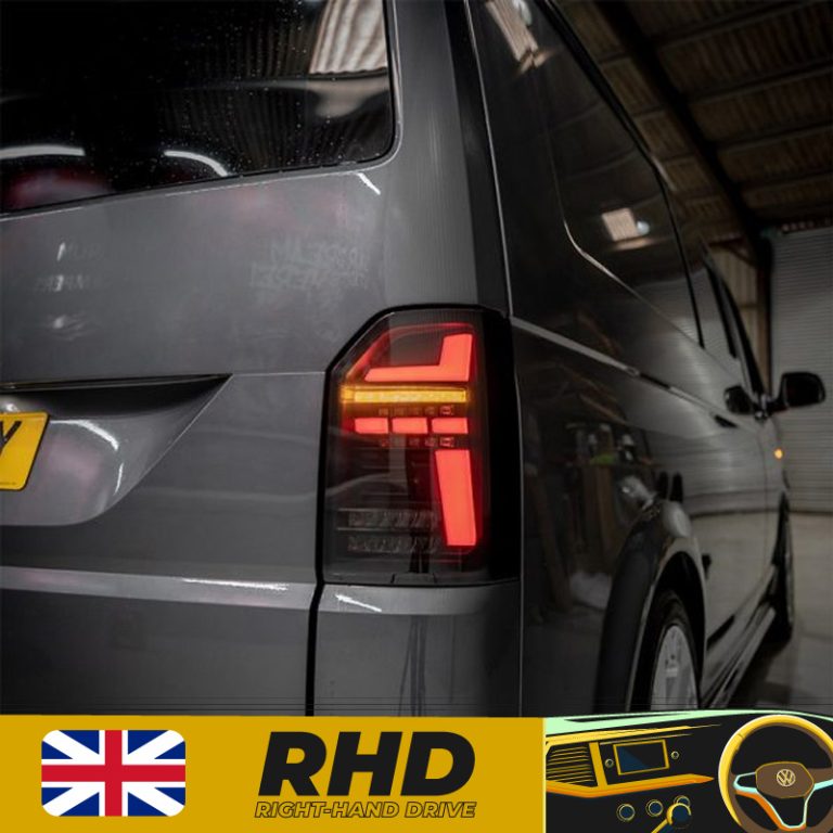 VW Transporter T6 – Rear Lights – Sequential Indicator – LED – RHD – Tailgate – Red Smoke (T6.1 Style)