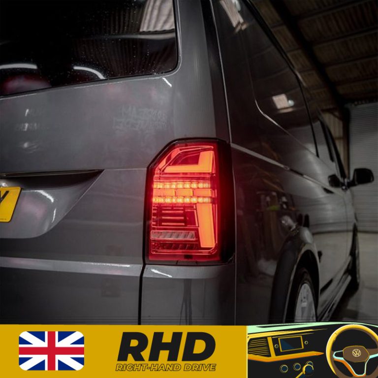 VW Transporter T6 – Rear Lights – Sequential Indicator – LED – RHD – Tailgate – Red Clear (T6.1 Style)