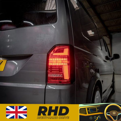 VW Transporter T6 – Rear Lights – Sequential Indicator – LED – RHD – Tailgate – Red Clear (T6.1 Style)