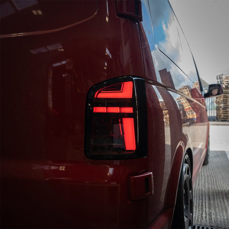 VW Transporter T6.1 – Rear Lights – Sequential Indicator – LED – RHD – Barn Door – Red Smoke
