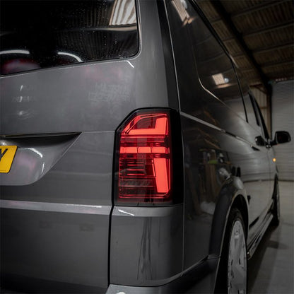 VW Transporter T6 – Rear Lights – Sequential Indicator – LED – RHD – Tailgate – Red Smoke (T6.1 Style)