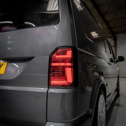 VW Transporter T6 – Rear Lights – Sequential Indicator – LED – RHD – Tailgate – Red Smoke (T6.1 Style)