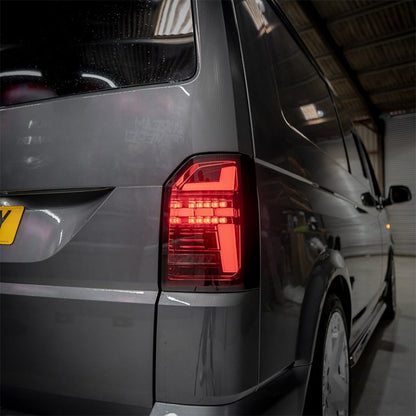 VW Transporter T6 – Rear Lights – Sequential Indicator – LED – RHD – Tailgate – Red Smoke (T6.1 Style)