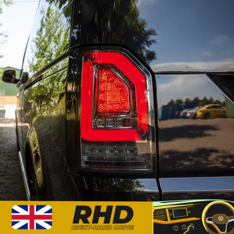 VW Transporter T6 – Rear Lights – Sequential Indicator – LED – RHD – Tailgate – Black Smoke