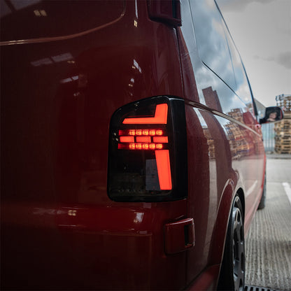 VW Transporter T6.1 – Rear Lights – Sequential Indicator – LED – RHD – Barn Door – Black Smoke