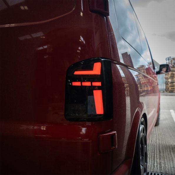 VW Transporter T6.1 – Rear Lights – Sequential Indicator – LED – RHD – Barn Door – Black Smoke